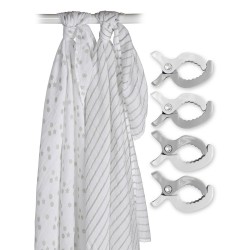 Lulujo 2-Pack Cotton Muslin Swaddles & 4 Clips - Grey