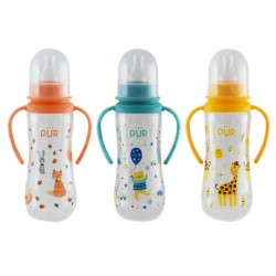 Pur ขวดนมทรงถั่วพร้อมมือจับ 8 ออนซ์ พร้อมจุกนมขนาดกลาง คละสี